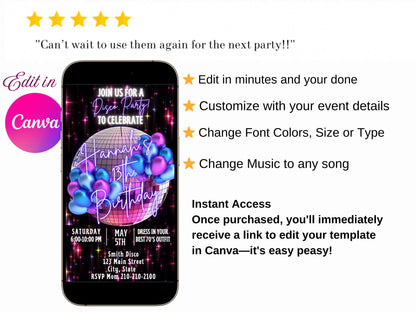 Editable Disco Party Video Invitation – 70s Birthday Disco Ball  Dance Party Evite