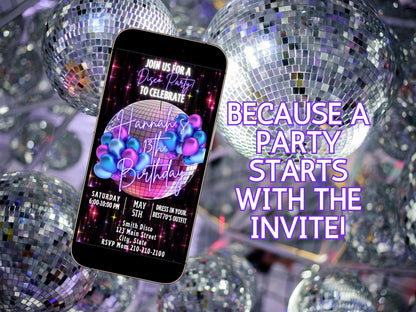 Editable Disco Party Video Invitation – 70s Birthday Disco Ball  Dance Party Evite