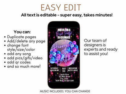 Editable Disco Party Video Invitation – 70s Birthday Disco Ball  Dance Party Evite
