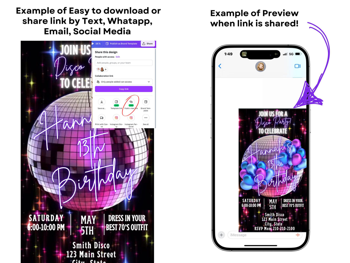 Editable Disco Party Video Invitation – 70s Birthday Disco Ball  Dance Party Evite