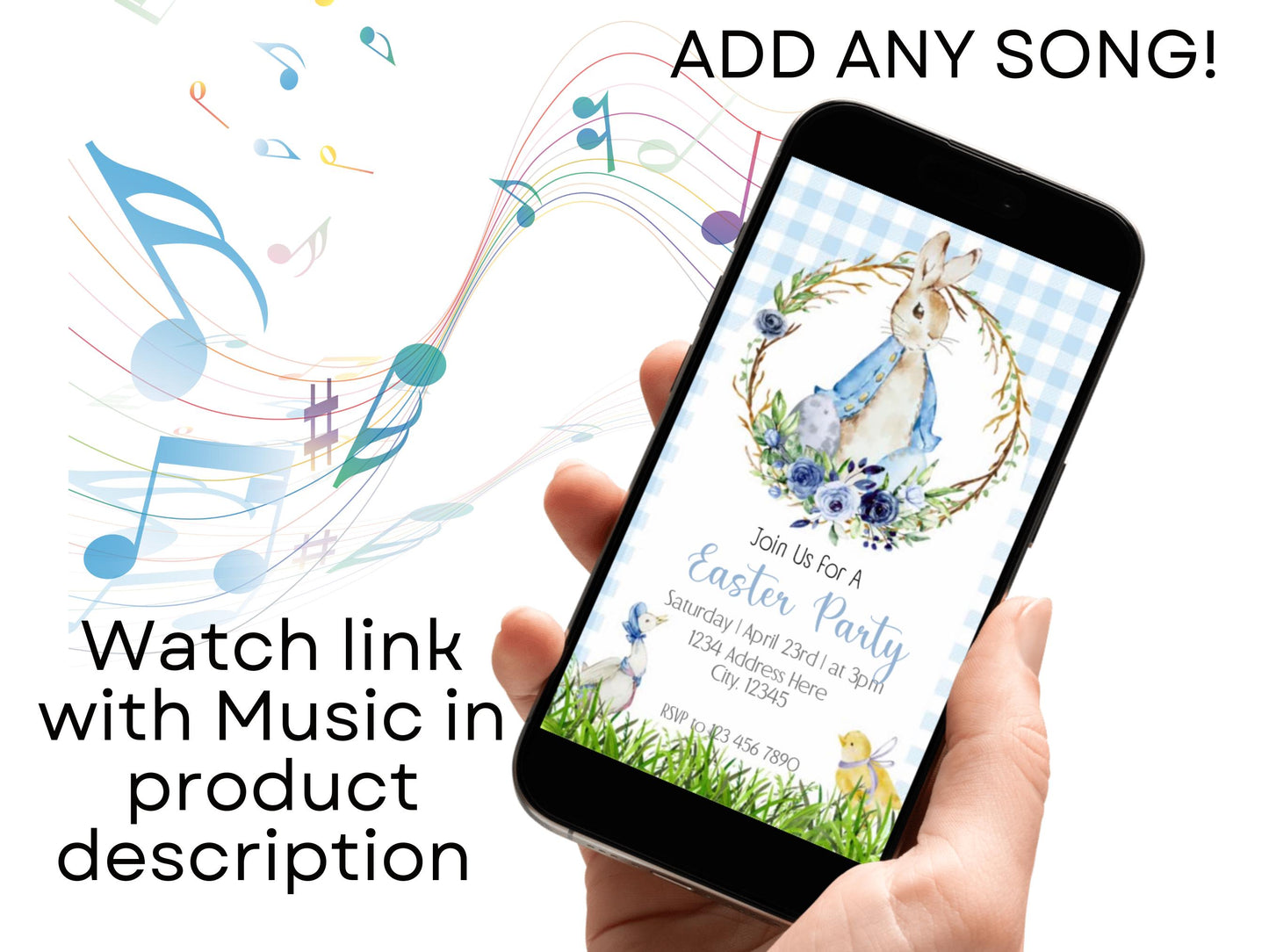 Bearbeitbare Vintage-Einladung mit Hasenmotiv, Märchenbuch-Hasenparty-Einladung, blau-weiß kariert, digital, Ostern, Geburtstag, Babyparty, Teeparty, bearbeitbare E-Einladung