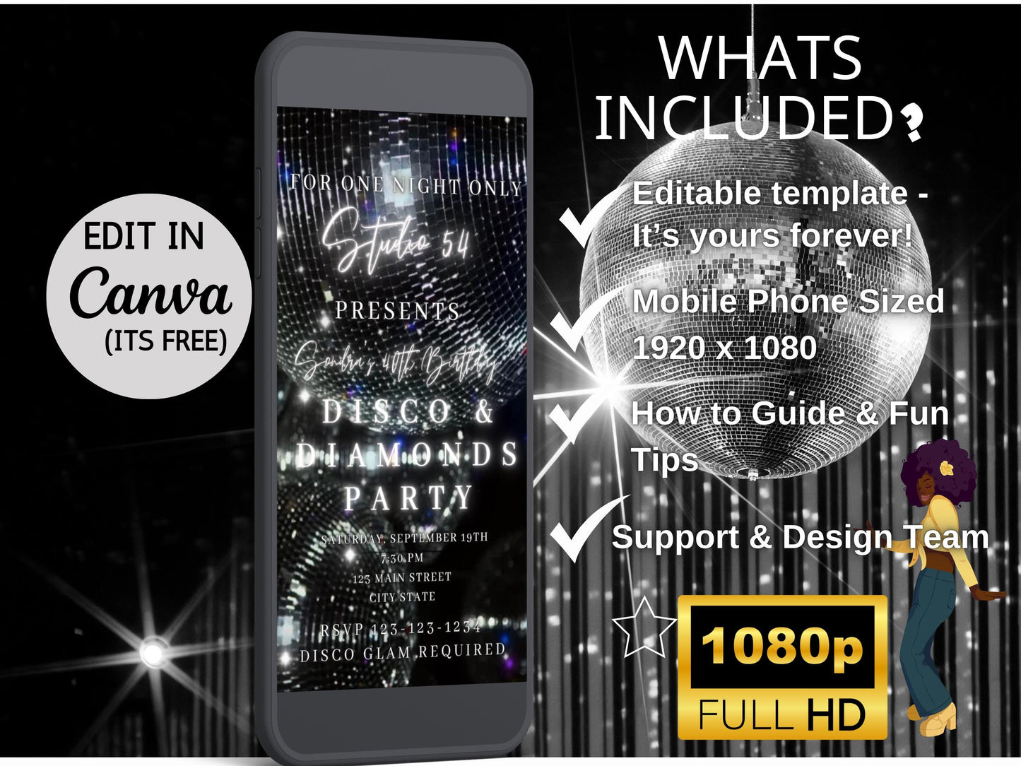 Digital Disco Video Invite Editable Silver Disco Ball Canva Template birthday party Retro Evite animated disco studio 54 mobile evite