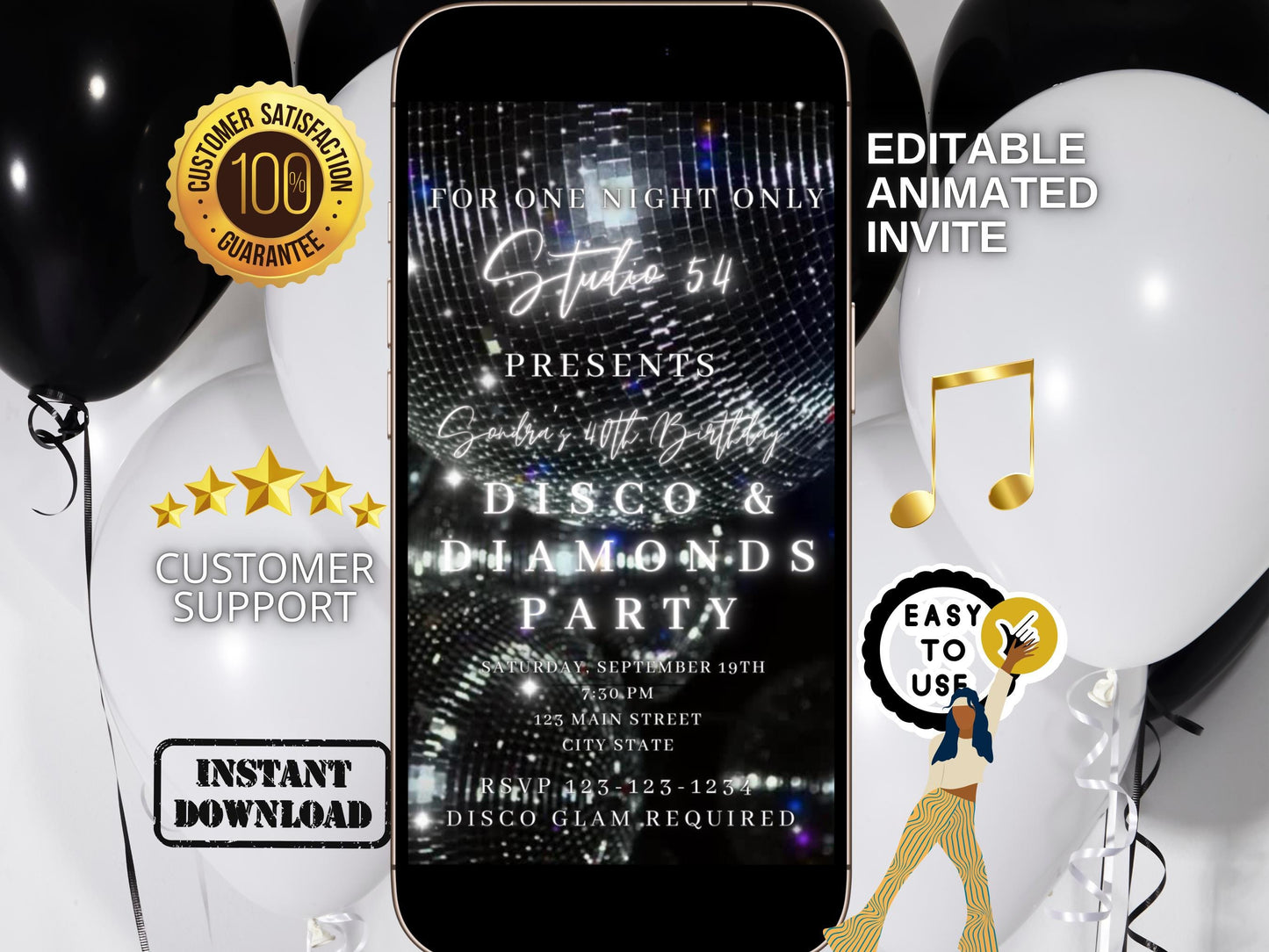 Digital Disco Video Invite Editable Silver Disco Ball Canva Template birthday party Retro Evite animated disco studio 54 mobile evite