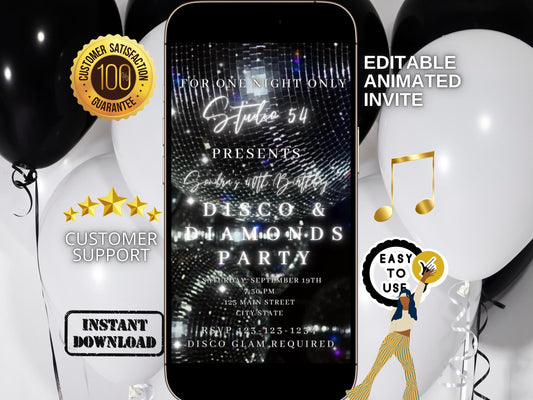 Digital Disco Video Invite Editable Silver Disco Ball Canva Template birthday party Retro Evite animated disco studio 54 mobile evite