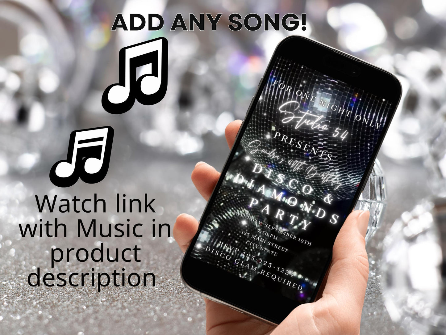 Digital Disco Video Invite Editable Silver Disco Ball Canva Template birthday party Retro Evite animated disco studio 54 mobile evite