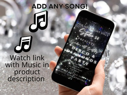 Digital Disco Video Invite Editable Silver Disco Ball Canva Template birthday party Retro Evite animated disco studio 54 mobile evite