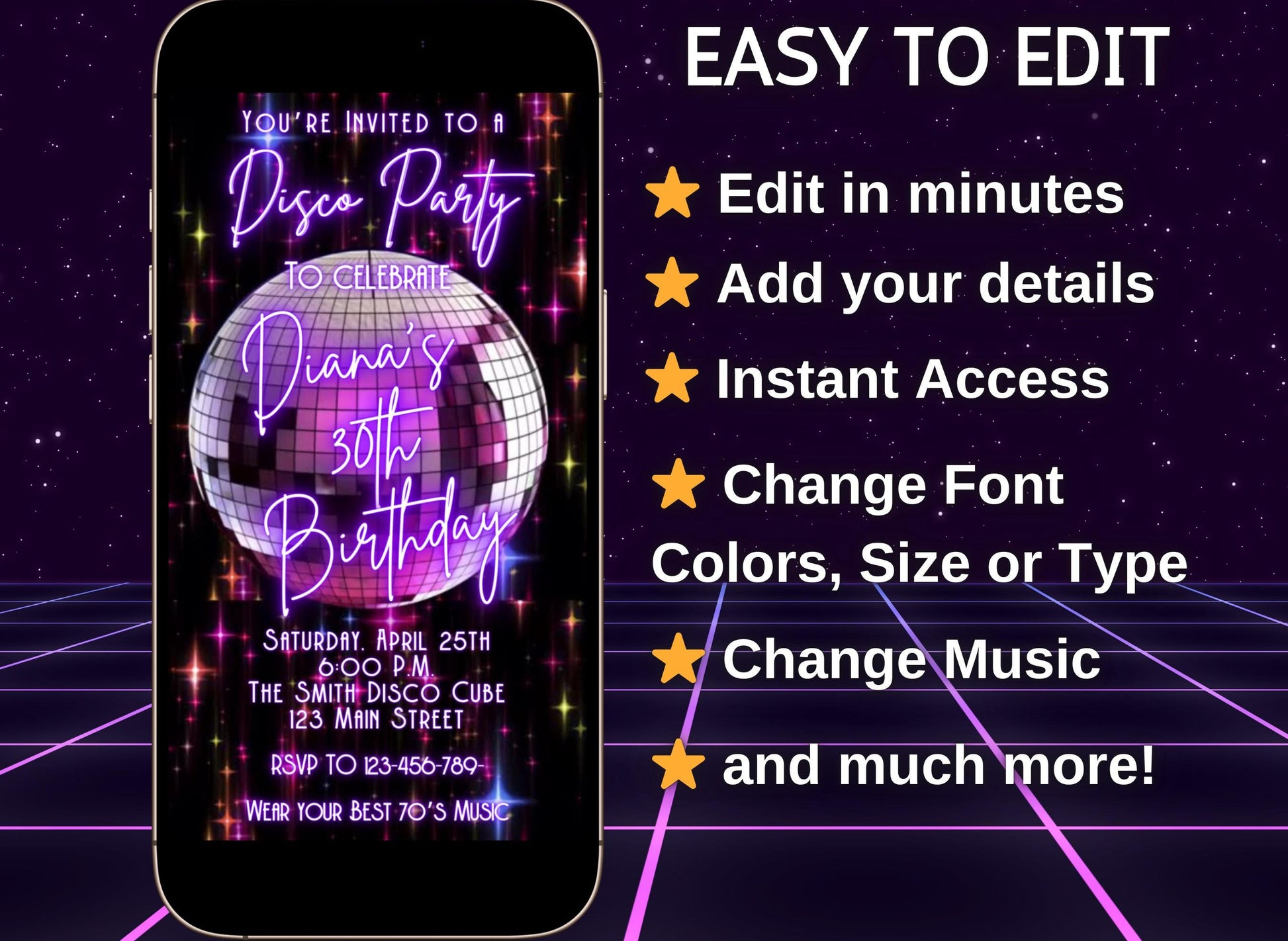 Editable disco birthday video invitation featuring a glowing purple disco ball, neon lights, and retro 70s typography. Perfect for milestone birthdays, dance parties, or 80s night events. Vertical 1080x1920 Canva template, customizable for names, dates, and RSVP details. Easy to share via text or social media.