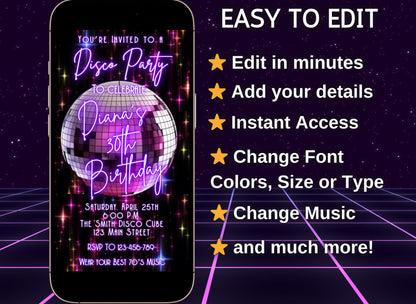 Editable disco birthday video invitation featuring a glowing purple disco ball, neon lights, and retro 70s typography. Perfect for milestone birthdays, dance parties, or 80s night events. Vertical 1080x1920 Canva template, customizable for names, dates, and RSVP details. Easy to share via text or social media.