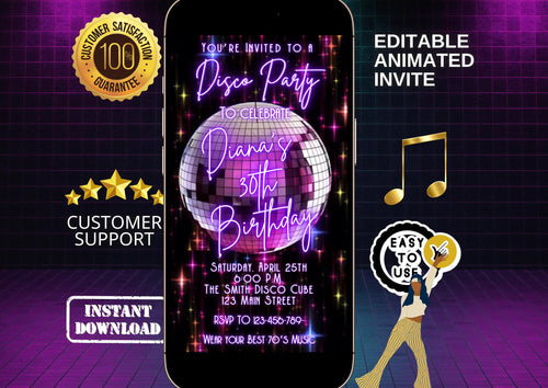 Editable disco birthday video invitation featuring a glowing purple disco ball, neon lights, and retro 70s typography. Perfect for milestone birthdays, dance parties, or 80s night events. Vertical 1080x1920 Canva template, customizable for names, dates, and RSVP details. Easy to share via text or social media.