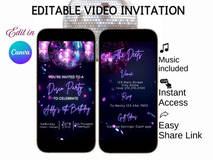 Editable Euphoria disco birthday video invitation with neon purple lights, glowing disco ball, and retro script fonts. Perfect for 70s and Y2K-themed parties, bachelorettes, and milestone birthdays. 1080x1920 vertical Canva template, easy to customize and share via text or social.