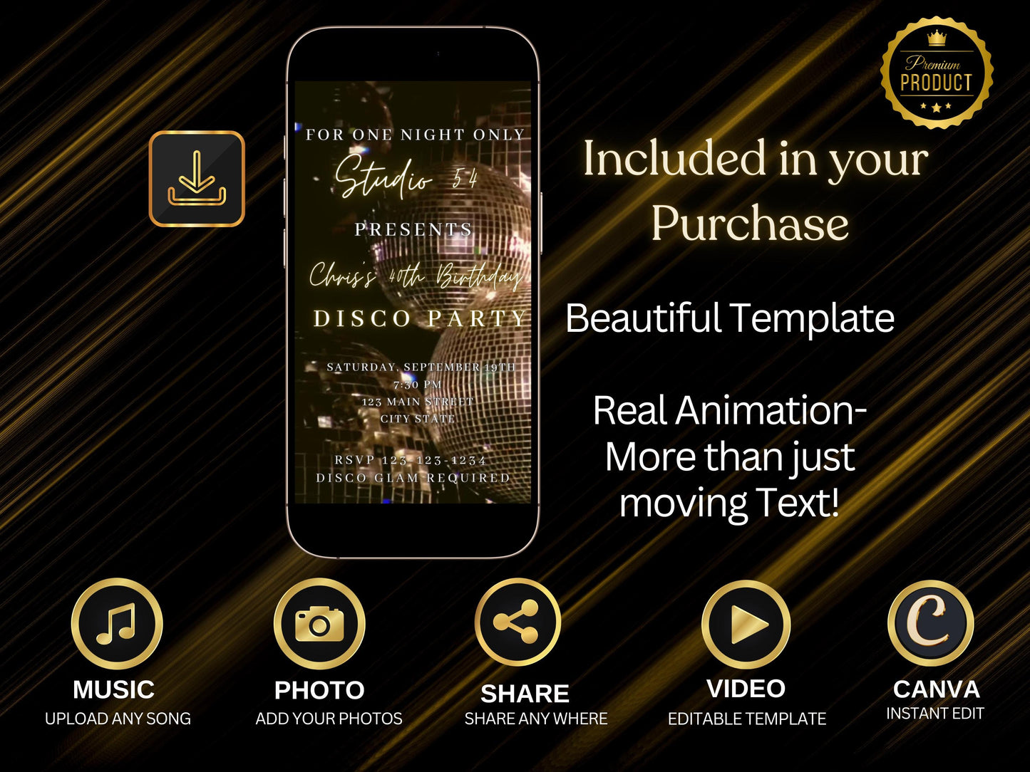 Disco Ball Invitation Editable animated template Canva instant download mobile video Retro Birthday evite Glimmering Disco Ball theme party