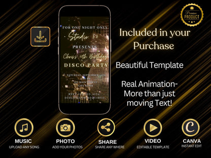 Disco Ball Invitation Editable animated template Canva instant download mobile video Retro Birthday evite Glimmering Disco Ball theme party