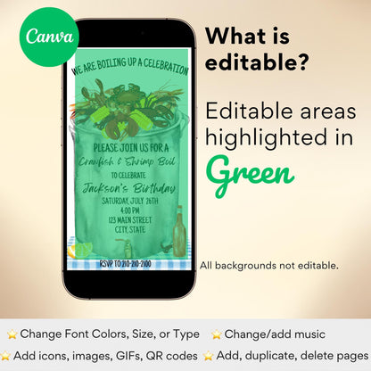 Crawfish Video Invite Editable Crawfish Boil Template Animated Seafood Boil Evite Mardi Gras Birthday Party invite Louisiana Cajun BBQ evite