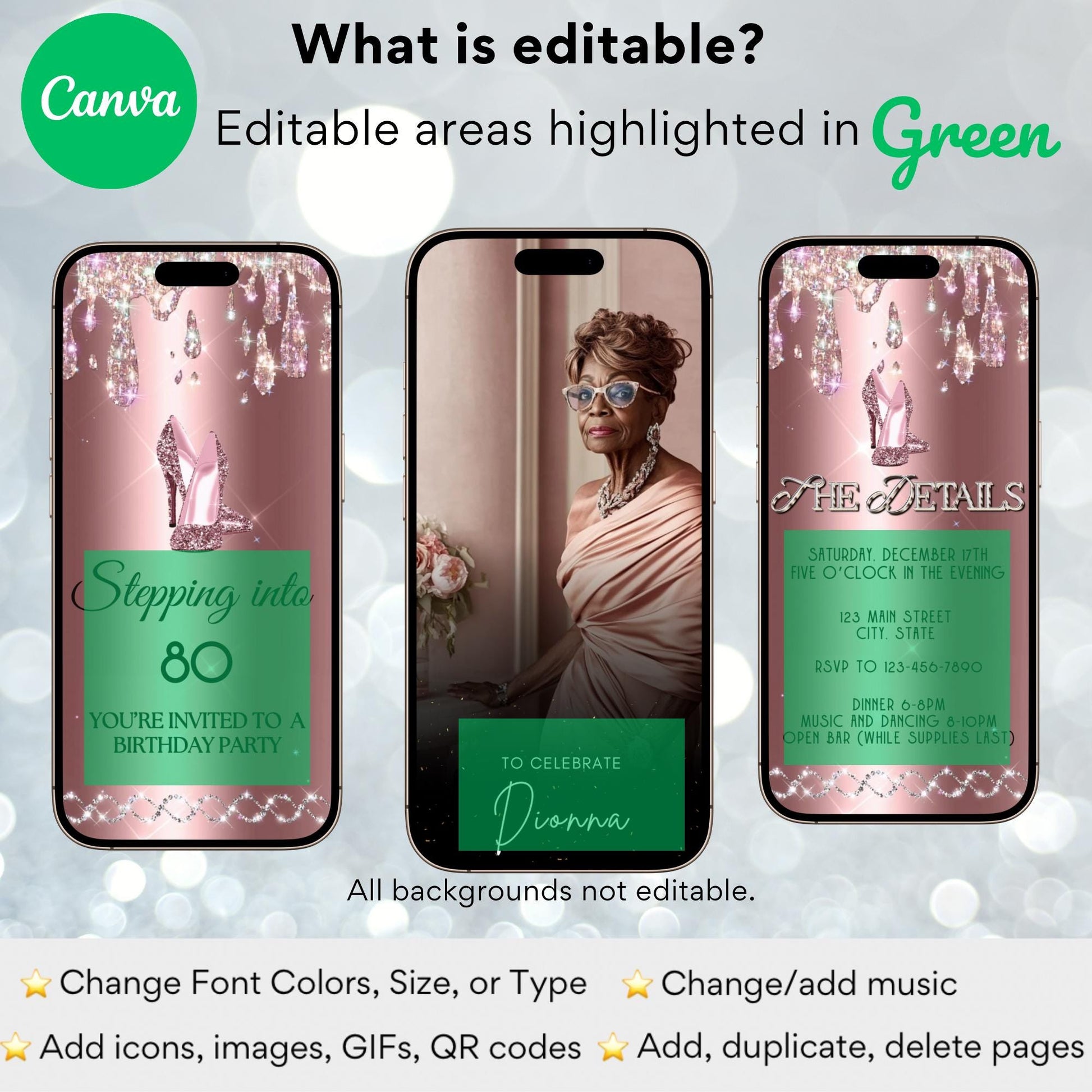 high heel birthday video invitation for 40th, 50th, or 60th birthday – glamorous animated Canva template for mobile