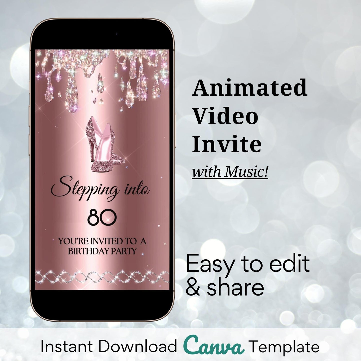 high heel birthday video invitation for 40th, 50th, or 60th birthday – glamorous animated Canva template for mobile