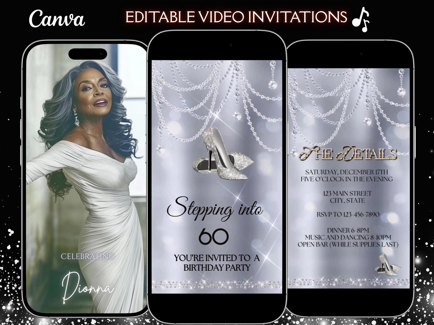 Stepping into 50 Video Invite, Glam Silver Heel Birthday Invite, Any Age Surprise Party Digital birthday Dinner Evite