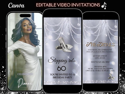 Stepping into 50 Video Invite, Glam Silver Heel Birthday Invite, Any Age Surprise Party Digital birthday Dinner Evite