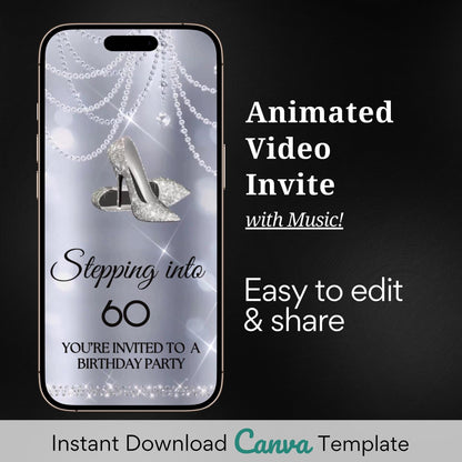 Stepping into 50 Video Invite, Glam Silver Heel Birthday Invite, Any Age Surprise Party Digital birthday Dinner Evite