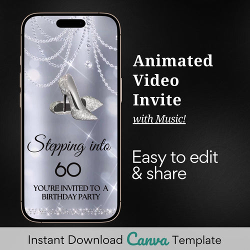 Stepping into 50 Video Invite, Glam Silver Heel Birthday Invite, Any Age Surprise Party Digital birthday Dinner Evite
