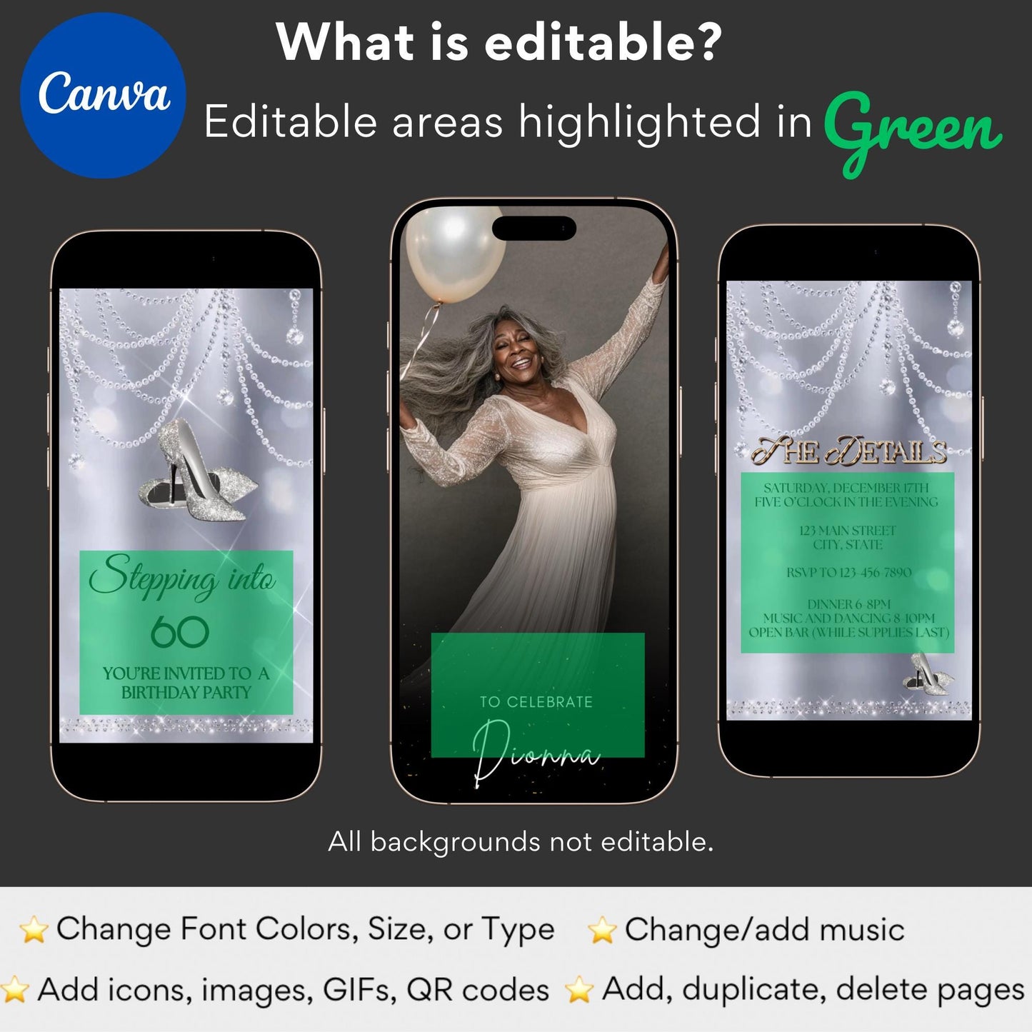 Stepping into 50 Video Invite, Glam Silver Heel Birthday Invite, Any Age Surprise Party Digital birthday Dinner Evite