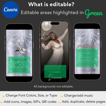 Stepping into 50 Video Invite, Glam Silver Heel Birthday Invite, Any Age Surprise Party Digital birthday Dinner Evite