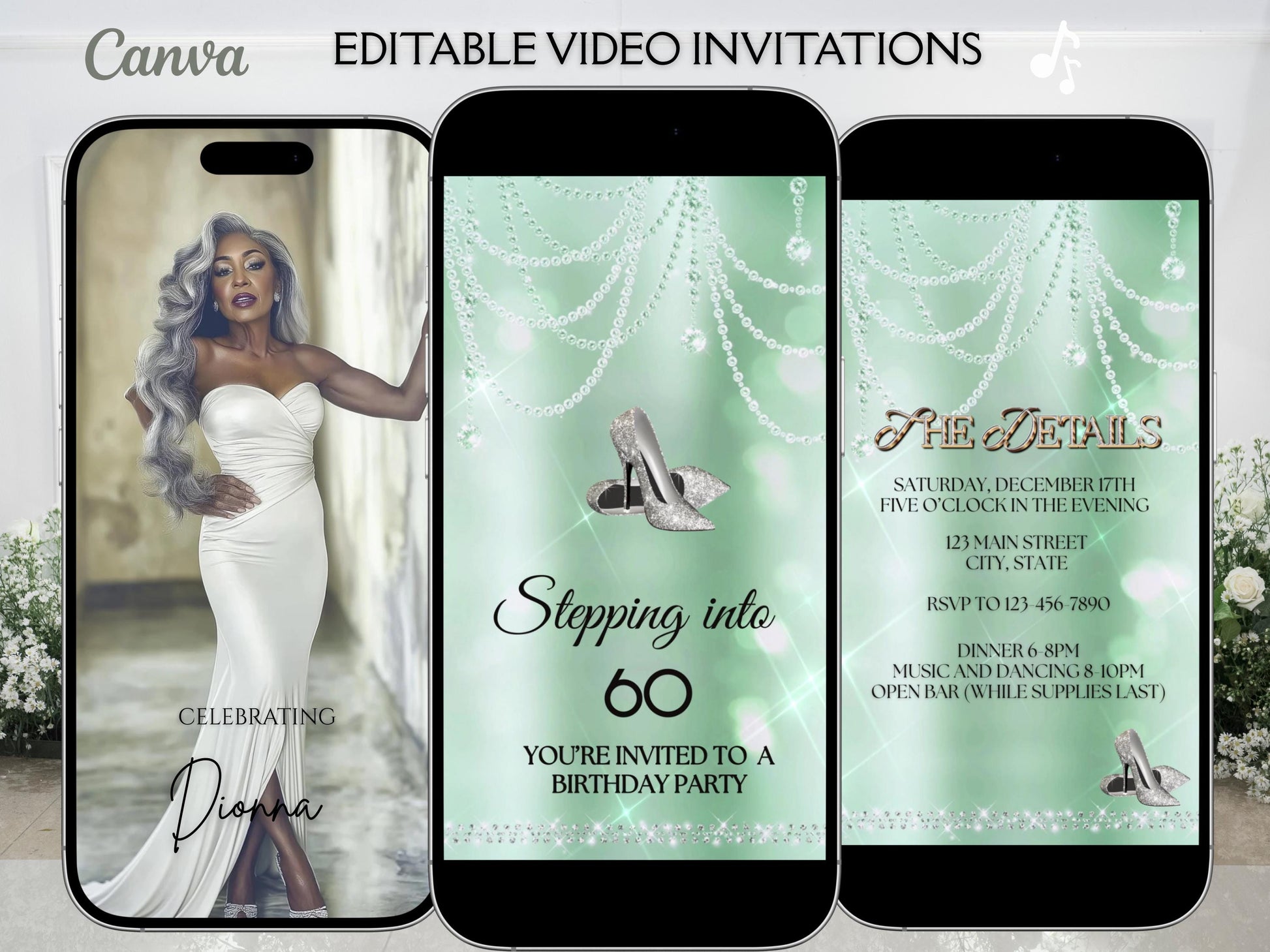 high heel birthday video invitation for 40th, 50th, or 60th birthday – glamorous animated Canva template for mobile
