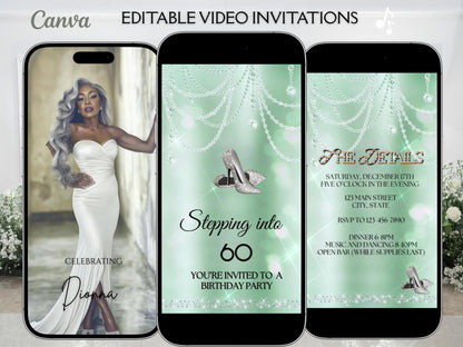 high heel birthday video invitation for 40th, 50th, or 60th birthday – glamorous animated Canva template for mobile
