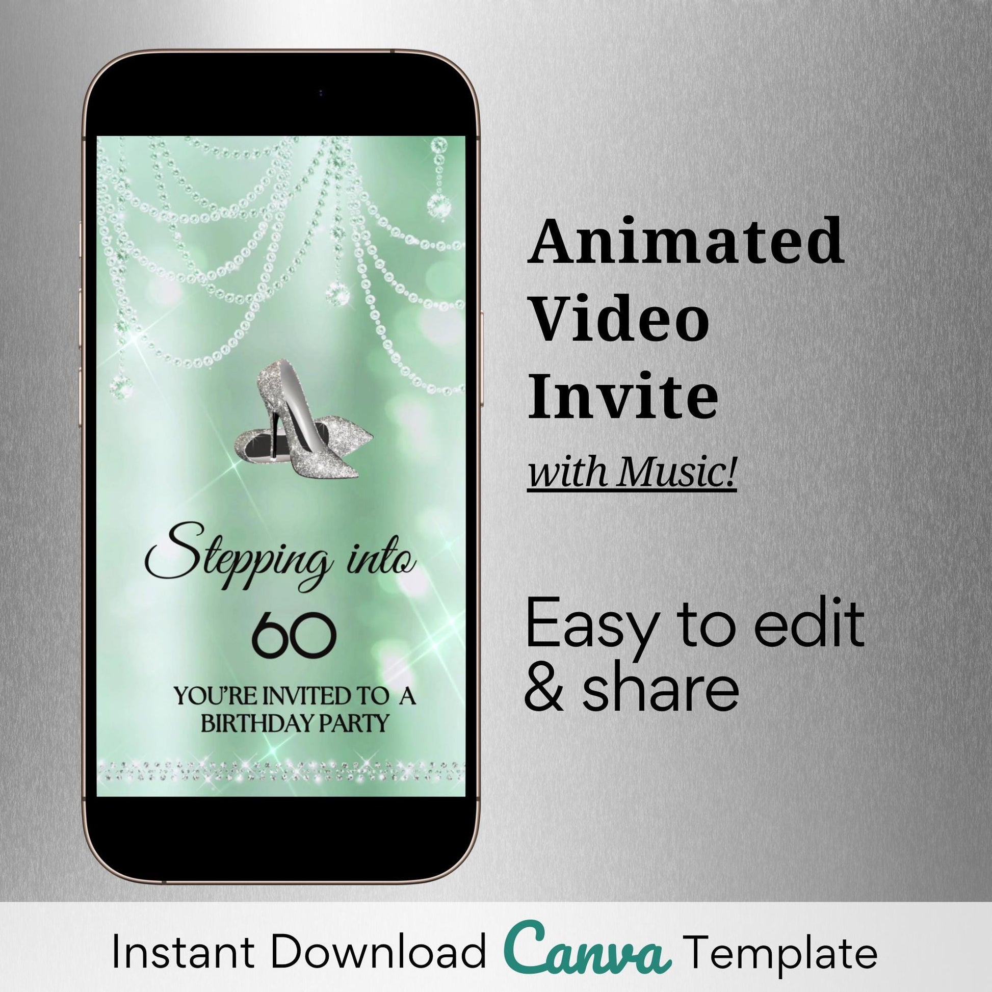 high heel birthday video invitation for 40th, 50th, or 60th birthday – glamorous animated Canva template for mobile
