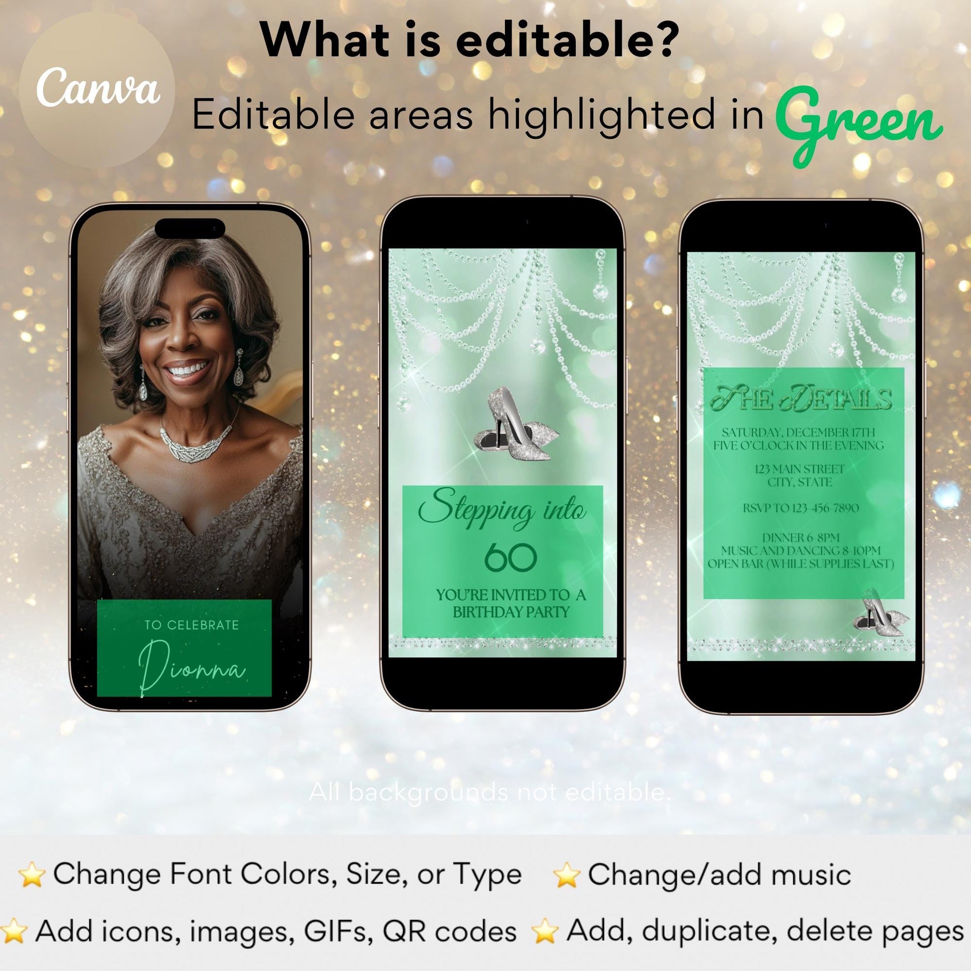 high heel birthday video invitation for 40th, 50th, or 60th birthday – glamorous animated Canva template for mobile
