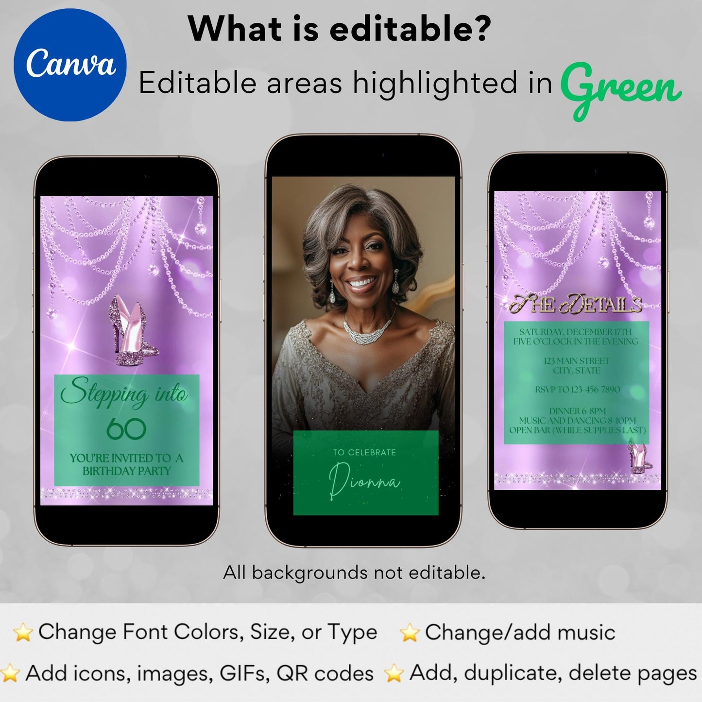 high heel birthday video invitation for 40th, 50th, or 60th birthday – glamorous animated Canva template for mobile