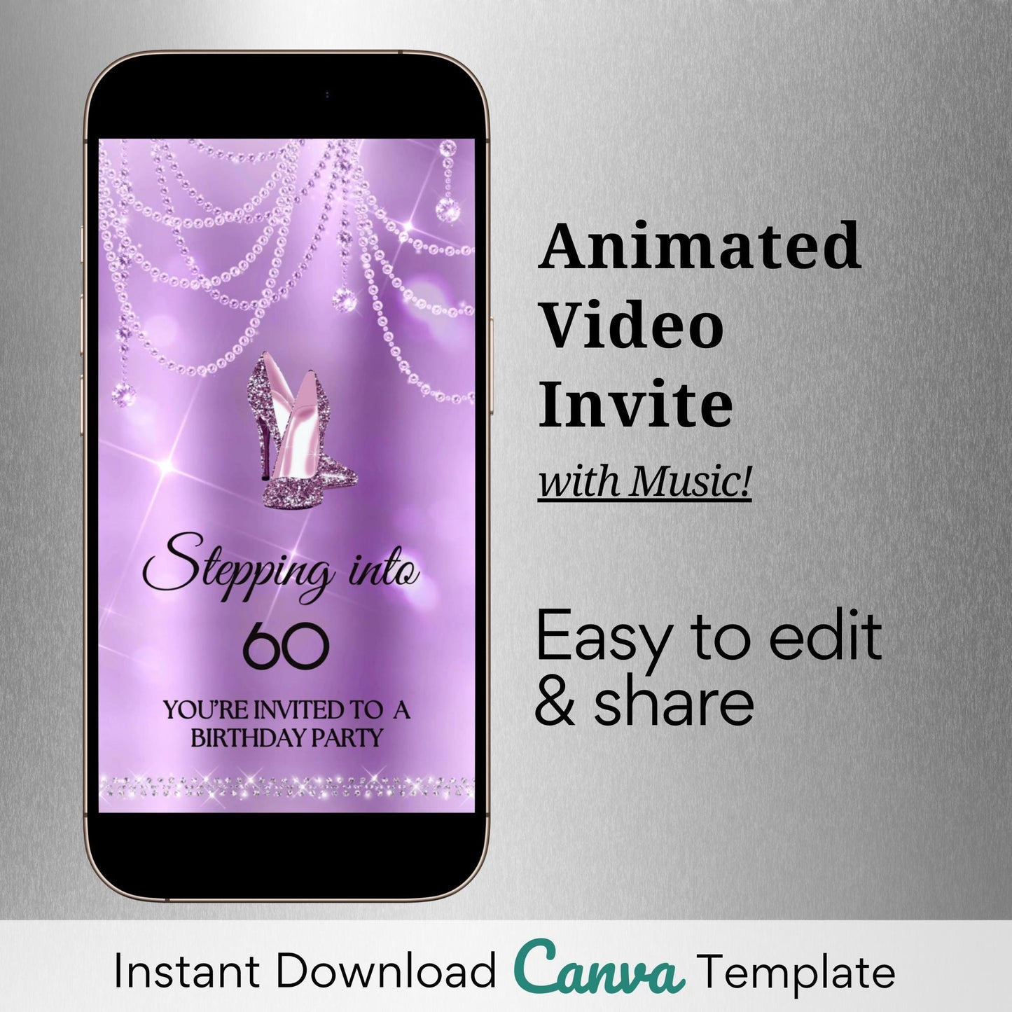 high heel birthday video invitation for 40th, 50th, or 60th birthday – glamorous animated Canva template for mobile