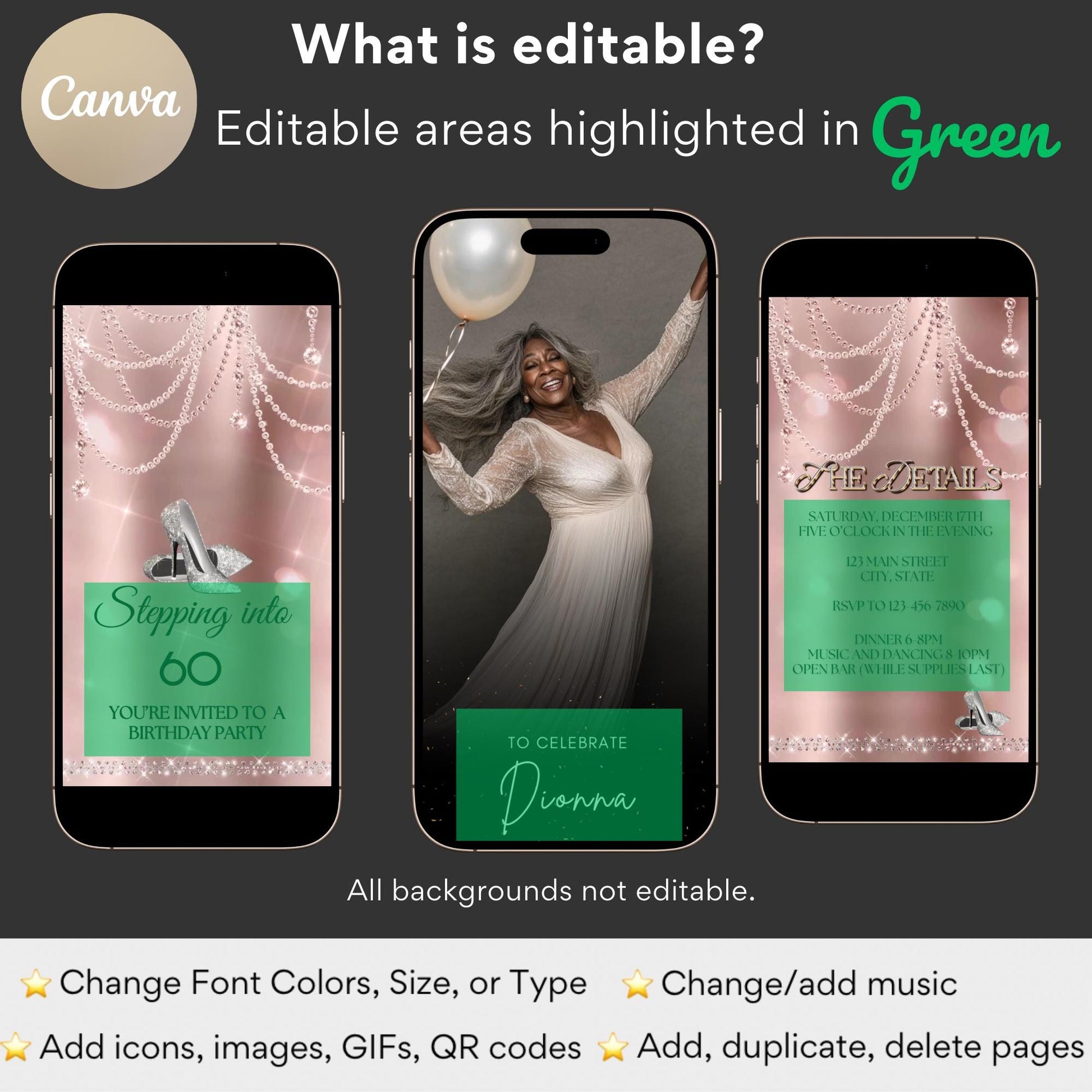 high heel birthday video invitation for 40th, 50th, or 60th birthday – glamorous animated Canva template for mobile