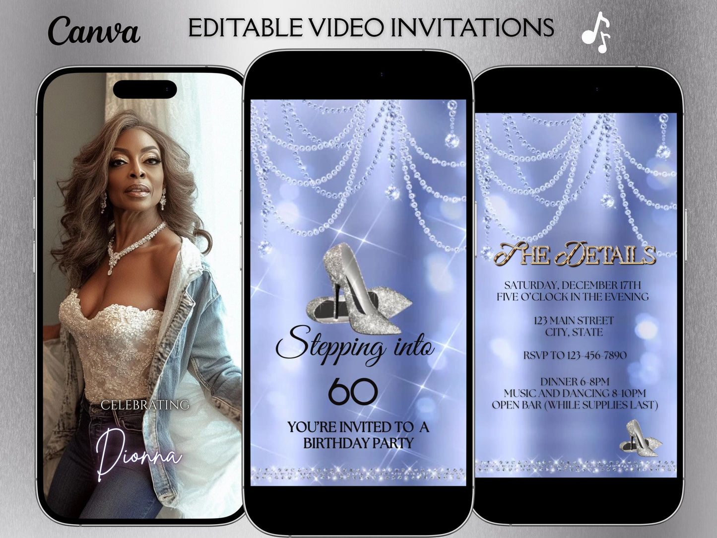 high heel birthday video invitation for 40th, 50th, or 60th birthday – glamorous animated Canva template for mobile