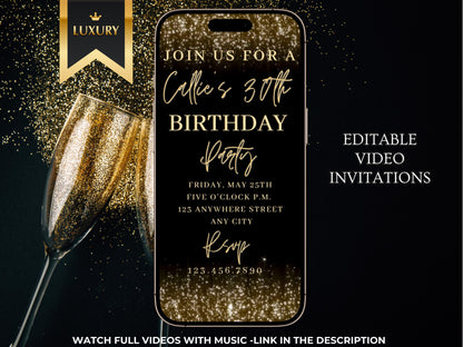 Gold glitter video invite | Editable Gold Glam Canva Template