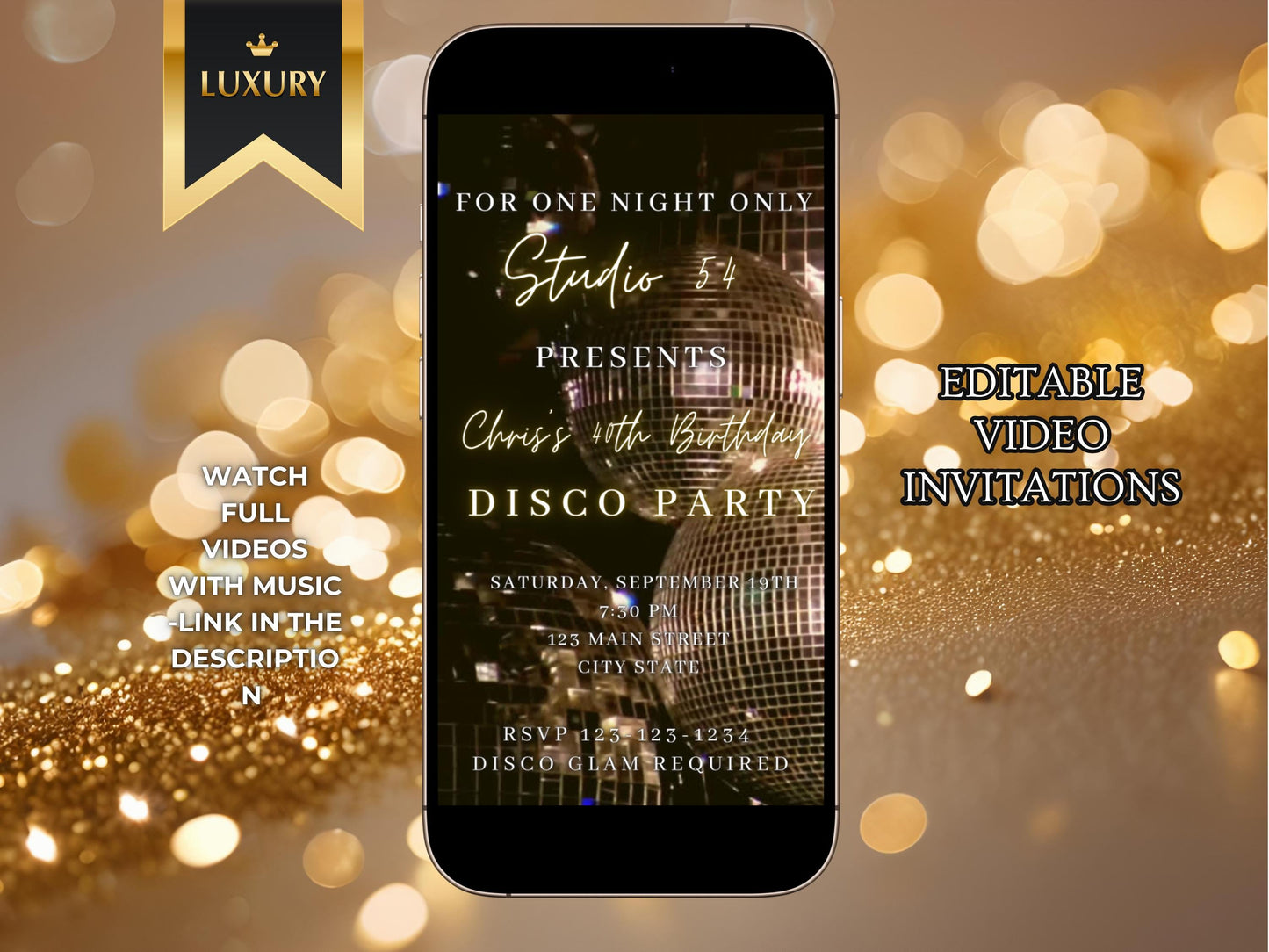 Disco Ball Invitation Editable animated template Canva instant download mobile video Retro Birthday evite Glimmering Disco Ball theme party