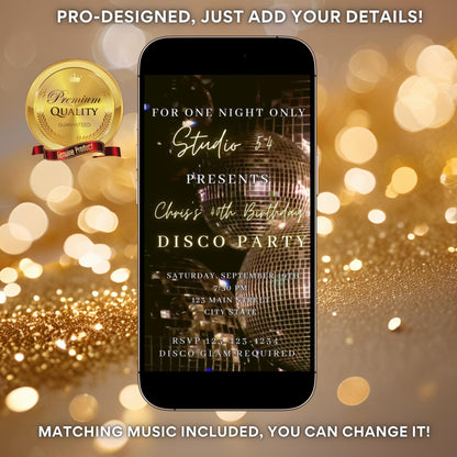Disco Ball Invitation Editable animated template Canva instant download mobile video Retro Birthday evite Glimmering Disco Ball theme party