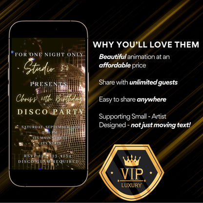 Disco Ball Invitation Editable animated template Canva instant download mobile video Retro Birthday evite Glimmering Disco Ball theme party