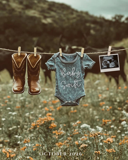 Western Pregnancy Announcement Baby Reveal Sonogram Social Media Onesie on Clothesline