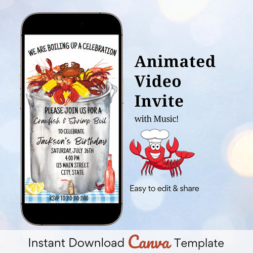 Digital Crawfish Boil Video Invite | Editable Seafood Boil Evite Canva Template