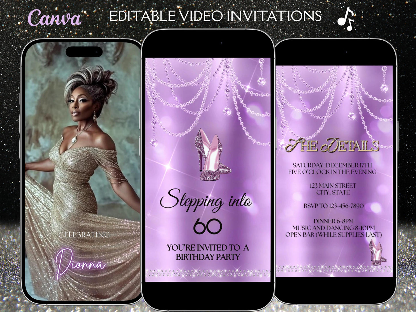high heel birthday video invitation for 40th, 50th, or 60th birthday – glamorous animated Canva template for mobile