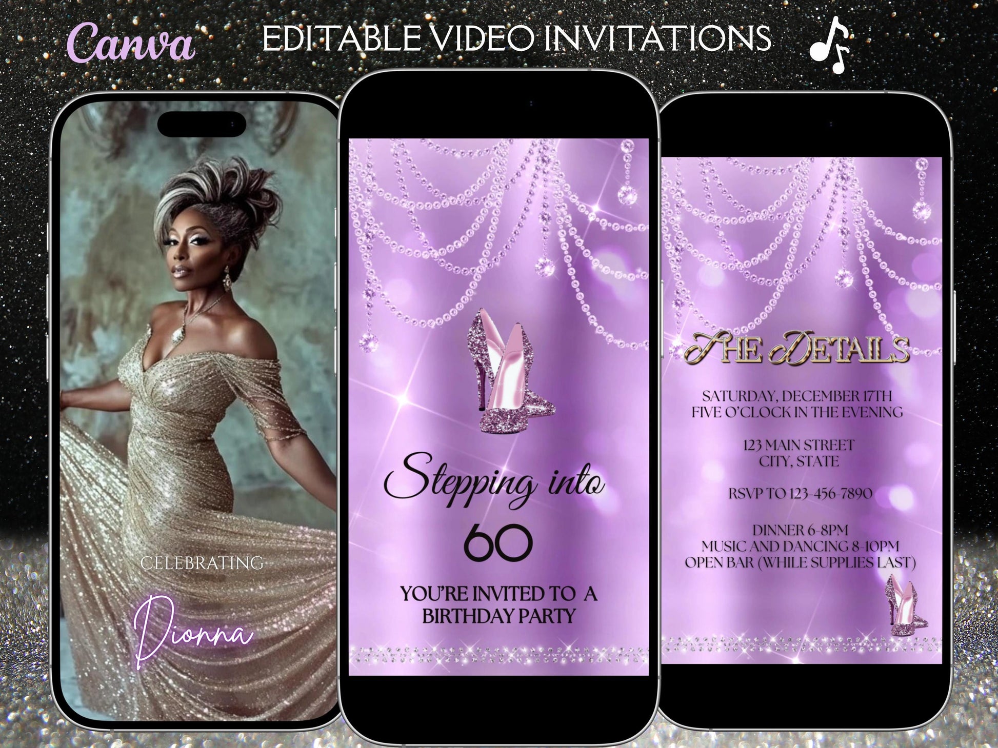 high heel birthday video invitation for 40th, 50th, or 60th birthday – glamorous animated Canva template for mobile