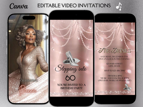 high heel birthday video invitation for 40th, 50th, or 60th birthday – glamorous animated Canva template for mobile