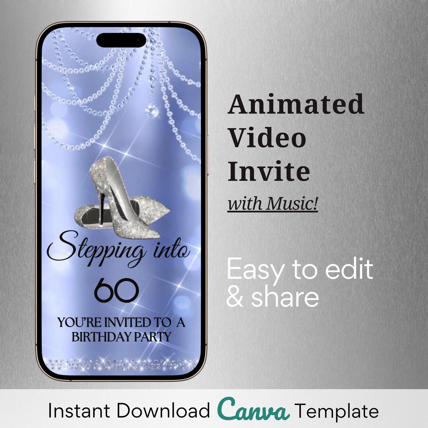 high heel birthday video invitation for 40th, 50th, or 60th birthday – glamorous animated Canva template for mobile