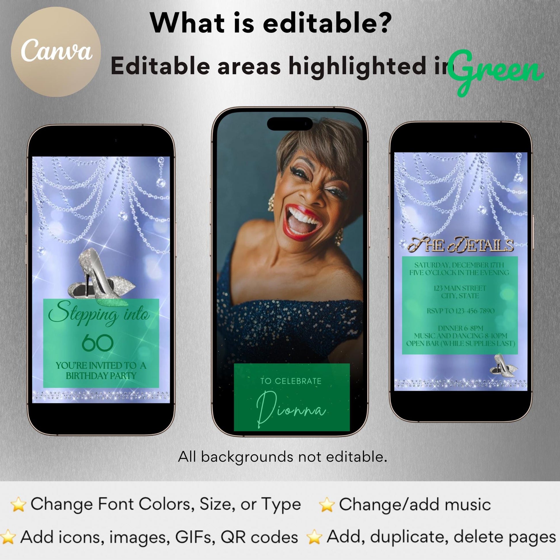 high heel birthday video invitation for 40th, 50th, or 60th birthday – glamorous animated Canva template for mobile