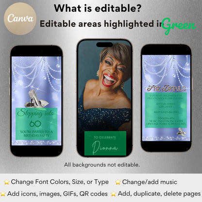 high heel birthday video invitation for 40th, 50th, or 60th birthday – glamorous animated Canva template for mobile