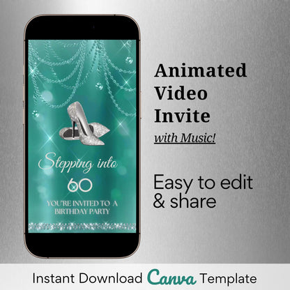 high heel birthday video invitation for 40th, 50th, or 60th birthday – glamorous animated Canva template for mobile