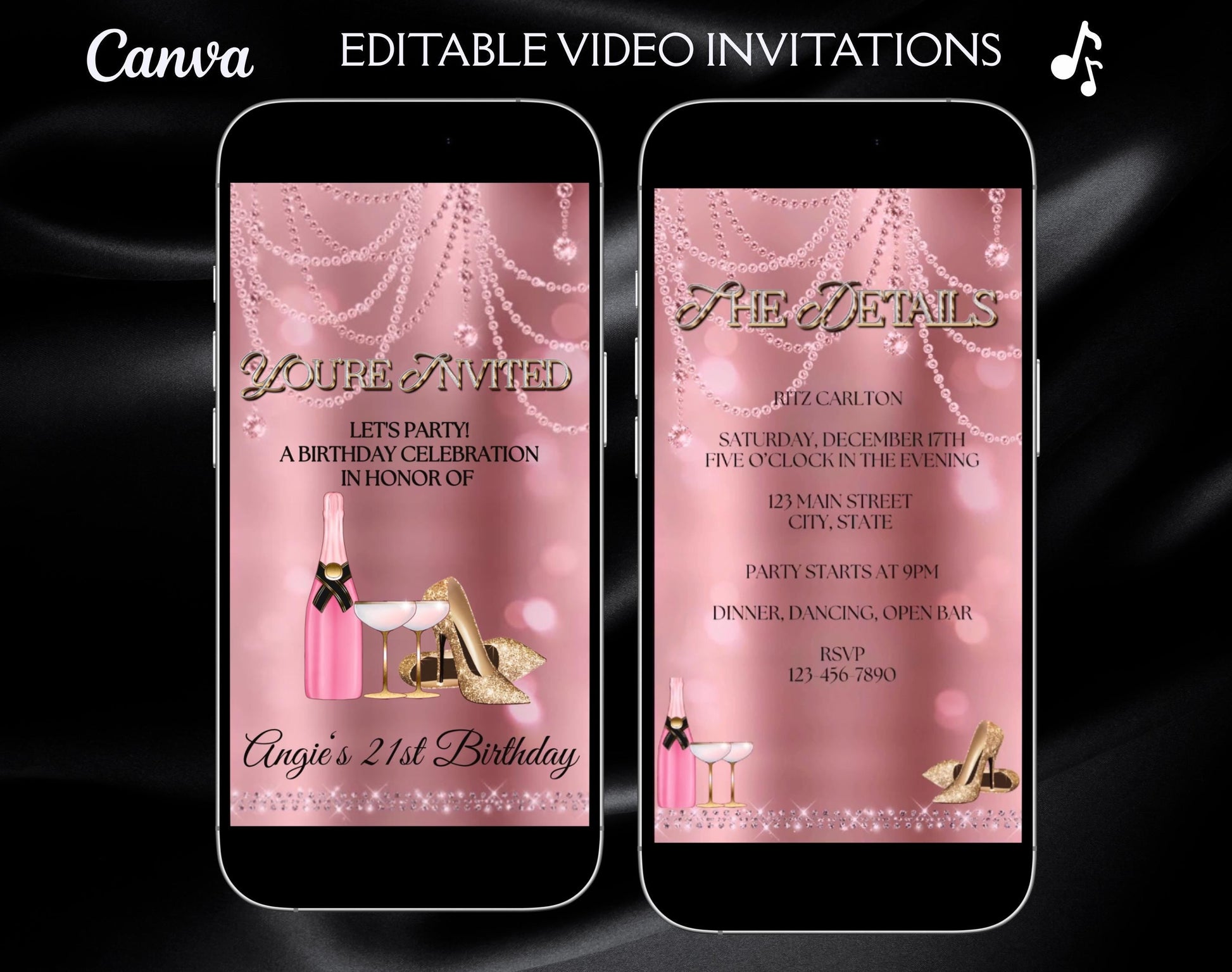 high heel birthday video invitation for 40th, 50th, or 60th birthday – glamorous animated Canva template for mobile