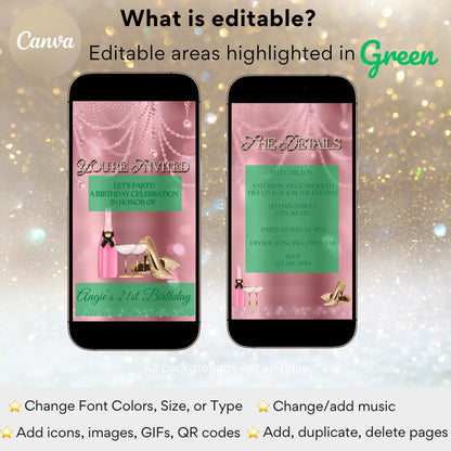 high heel birthday video invitation for 40th, 50th, or 60th birthday – glamorous animated Canva template for mobile