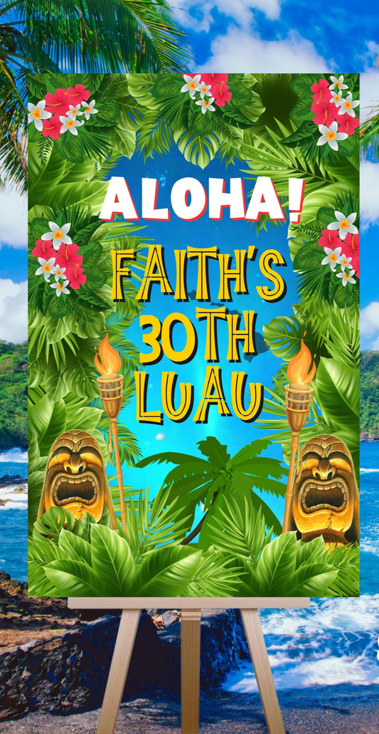 Aloha Welcome Sign - Hawaiian Luau Party Signage - Tropical Tiki Poster Printable Decor