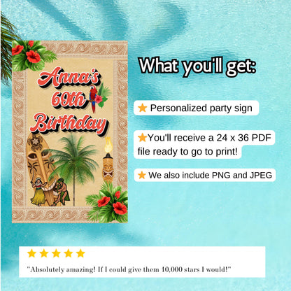 Aloha Welcome Sign - Hawaiian Luau Party Signage - Tropical Tiki Poster Printable Decor